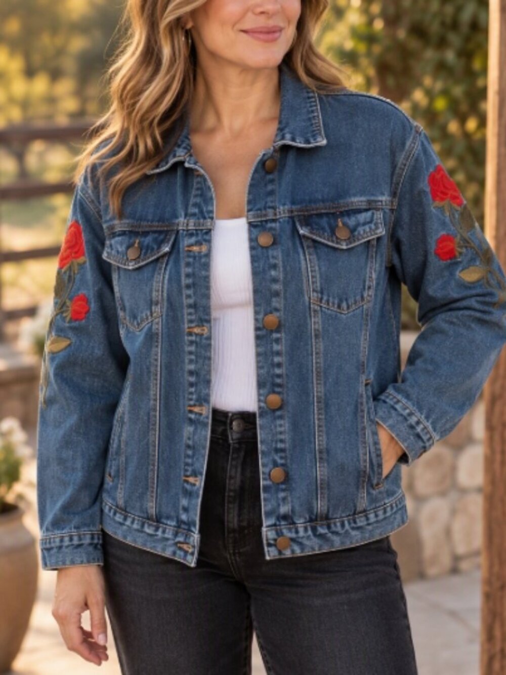 Forever 21 Red Rose Embroidered Blue Denim Jean Jacket M Boho Cottagecore Y2K